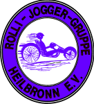 Vereinslogo Oval mit Schattenbild eines Rennbikers mit der Schrift Rolli-Jogger-Gruppe e.V Heilbronn